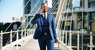 Buy stock photo Luggage, phone call and walking with business black man in city for international work travel. Airport, communication and suitcase with happy employee outdoor on bridge for commute to destination