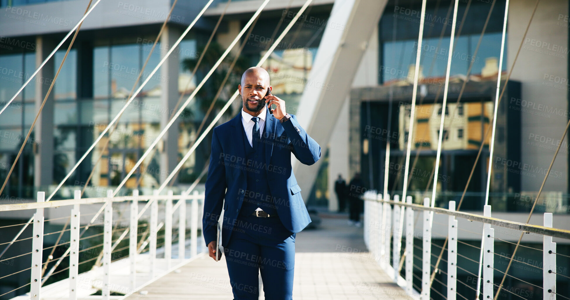 Buy stock photo Phone call, real estate and walking with business black man outdoor in city for networking or travel. Communication, commute and development with corporate employee on bridge downtown for update
