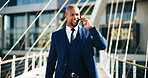 Phone call, smile and walking with business black man outdoor in city for commute or networking. Communication, contact and travel with happy corporate employee on bridge downtown for mobile update
