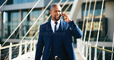 Buy stock photo Phone call, smile and walking with business black man outdoor in city for commute or networking. Communication, contact and travel with happy corporate employee on bridge downtown for mobile update