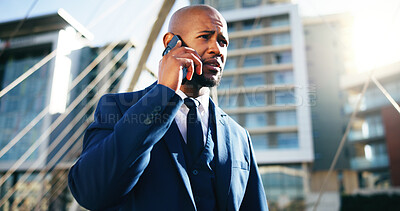 Buy stock photo Phone call, stress and talk with business black man in city for permit rejection, contact and property fail. Final notice, communication and anxiety with person for real estate crisis and worry