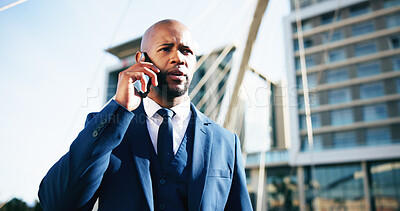 Buy stock photo Business, phone call and walking with black man outdoor in city for commute, networking or travel. Communication, contact and schedule with serious employee downtown for mobile negotiation or update