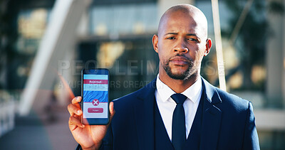 Buy stock photo Phone screen, rejected or business man with portrait in city for loan application, RPA or poor credit. UI, finance portal and black person with smartphone for compliance fail and affordability issue
