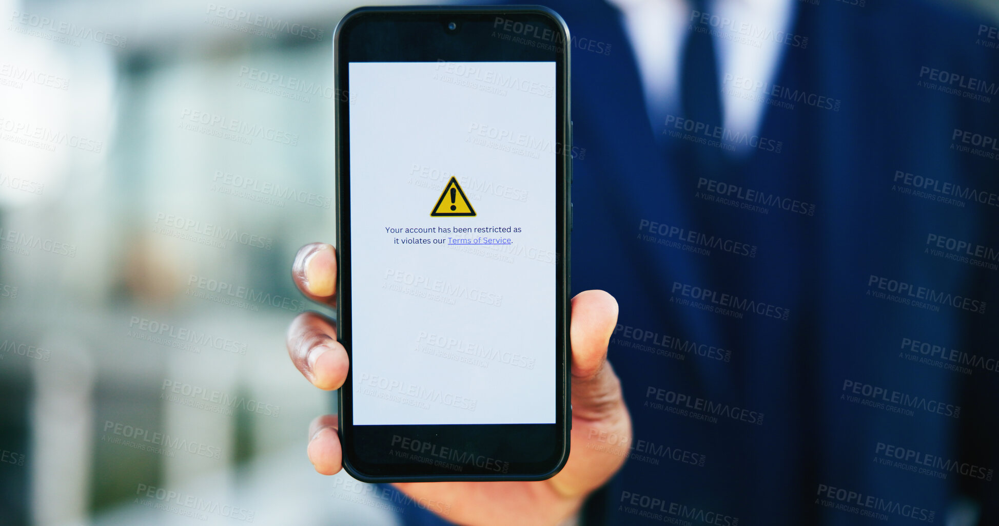 Buy stock photo Business person, hands and phone screen with warning message for restricted access or notification. Closeup, accountant or user with mobile smartphone display or alert for app or account termination
