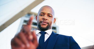 Buy stock photo Business, man and click digital interface for real estate, scroll or African worker check email. Virtual, portrait and person press touchscreen on POV for property listing, low angle or space in city