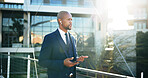 Phone call, bridge and businessman in city for networking, communication or speaker for finance. Cellphone, contact and African male financial manager with voice recognition for investment planning.