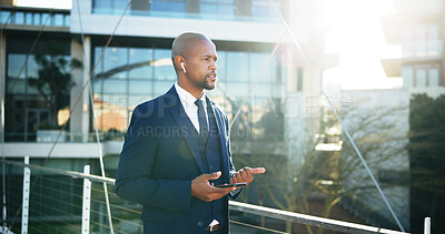 Buy stock photo Phone call, bridge and businessman in city for networking, communication or speaker for finance. Cellphone, contact and African male financial manager with voice recognition for investment planning.