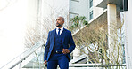Commuting, employee and man in city, stairs or rush to work in morning, trip and attorney with case. Thinking, lawyer and black person in hurry for trial, serious and journey to court and reflection