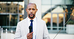 News, portrait and story with black man in city for live television broadcast as presenter. Journalism, microphone and streaming with African reporter outdoor in urban town for information or update