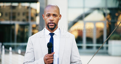 Buy stock photo News, portrait and story with black man in city for live television broadcast as presenter. Journalism, microphone and streaming with African reporter outdoor in urban town for information or update