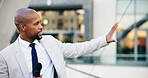 Microphone, news and update of black man in city for live television broadcast as presenter. Journalism, story and tv streaming with reporter outdoor on location in urban town for information