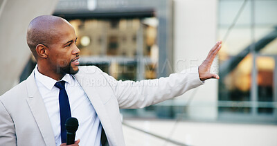 Buy stock photo Microphone, news and update of black man in city for live television broadcast as presenter. Journalism, story and tv streaming with reporter outdoor on location in urban town for information