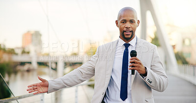 Buy stock photo Microphone, news and portrait of black man in city for live television broadcast as presenter. Journalism, story and streaming with reporter outdoor on bridge in urban town for information or update