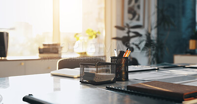 Buy stock photo Business, interior and stationery on desk in empty office for career, occupation or profession. Documents, equipment and still life with wooden table in workplace for corporate finance or management