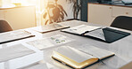 Desk, notebook and finance documents in office for meeting with profit, statistics or investment. Research, paperwork and table in empty workplace for company budget planning, forecasting or charts.