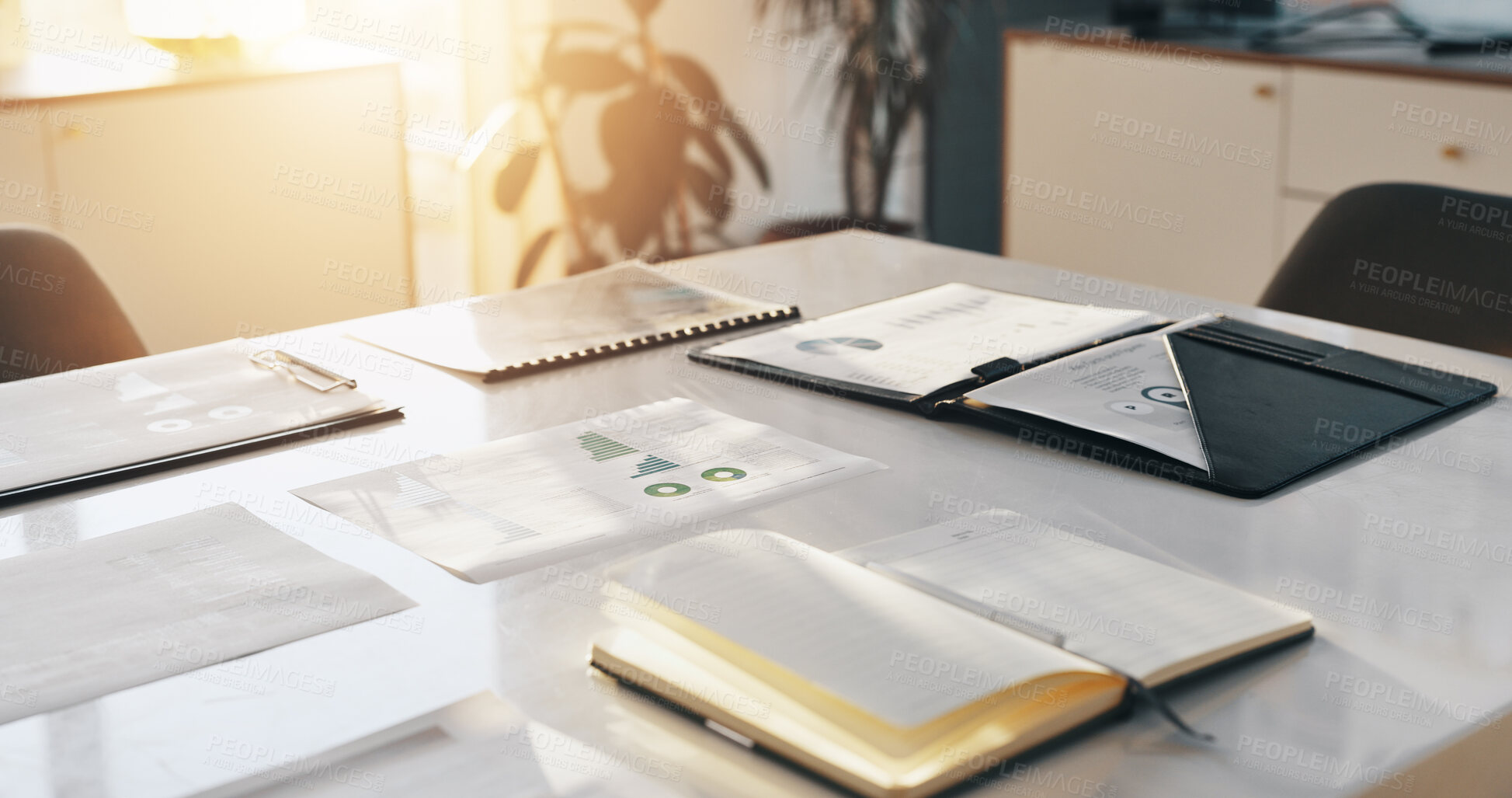 Buy stock photo Desk, notebook and finance documents in office for meeting with profit, statistics or investment. Research, paperwork and table in empty workplace for company budget planning, forecasting or charts.