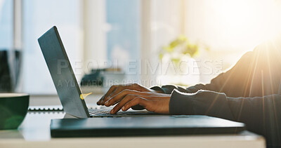 Buy stock photo Hands, typing and employee with laptop, office and creative for article on web, copywriting and app. Online, research and person with tech for project, email marketing or campaign for engagement