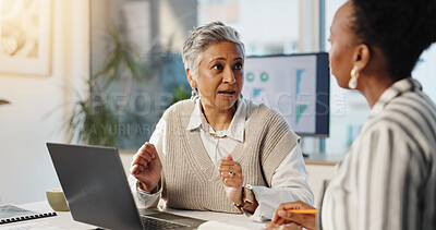 Buy stock photo Manager, business women and discussion in office for financial ideas, briefing and analysis. Mature CEO, conversation and planning for investment, brainstorming solution or strategy in team meeting