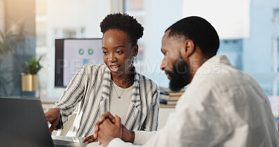 Buy stock photo Discussion, laptop and business people in office for finance, profit or asset management planning. Meeting, computer and African financial manager with client for investment proposal in workplace.