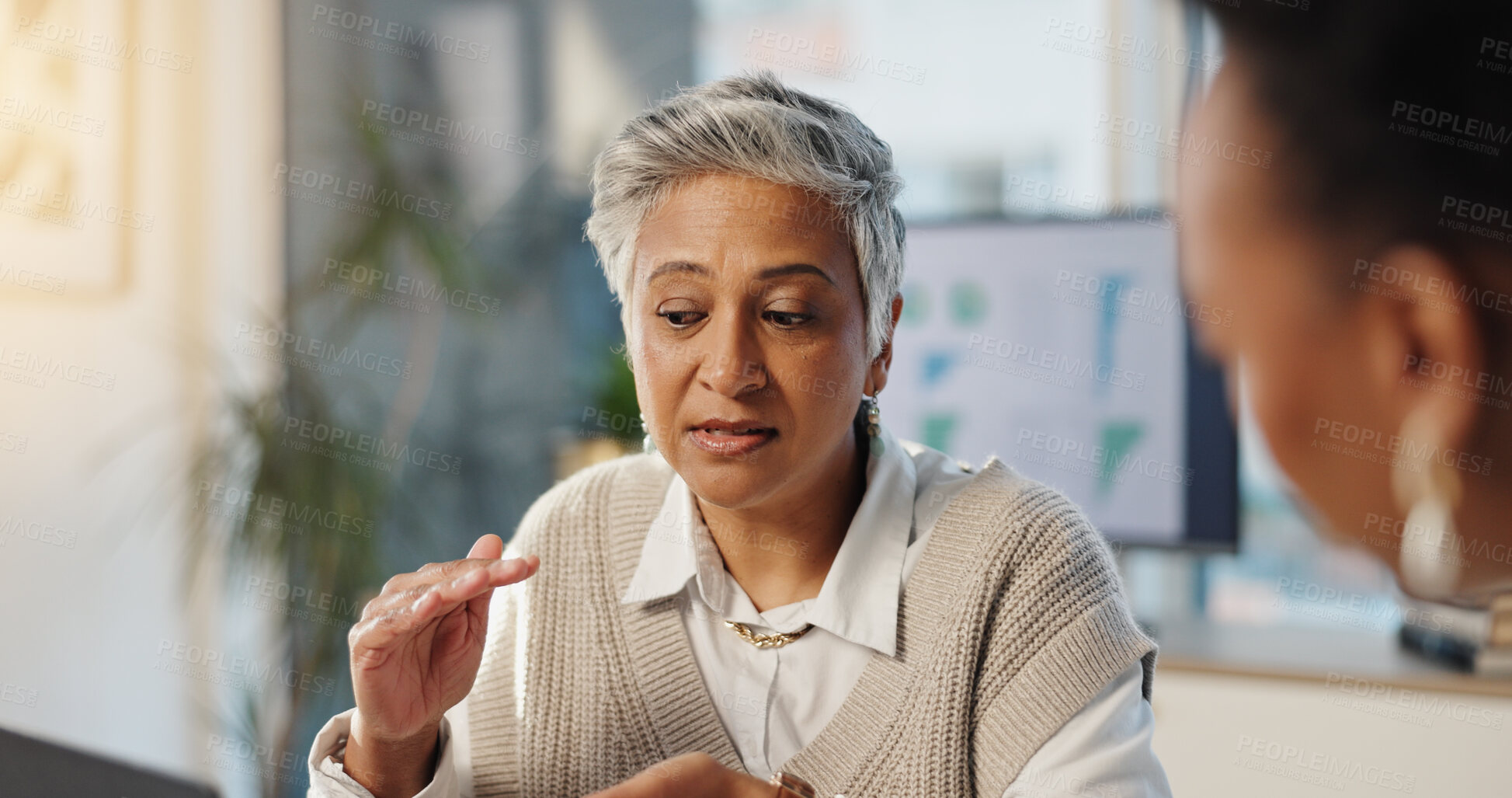 Buy stock photo Manager, business women and team discussion in office for financial ideas or explain analysis. Mature CEO, conversation and planning for investment, brainstorming and proposal with tech in meeting