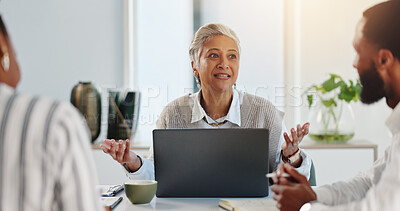 Buy stock photo Meeting, laptop and business people in office for planning, discussion and accounting review. Collaboration, teamwork and man with women for brainstorming, company proposal and project communication