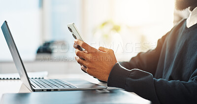 Buy stock photo Hands, business and man with phone in office for research, communication and reading article. Journalist, mobile and review for story draft, proofreading and information with feedback for publication