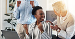 Celebration, happy and business people with laptop in office for good news, achievement or target. Fist pump, job promotion and businesswoman with support from team for goal together in workplace.