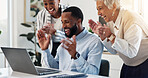 Celebration, applause and business people with laptop in office for good news, achievement or target. Happy, job promotion and businessman with support from team for goal together in workplace.