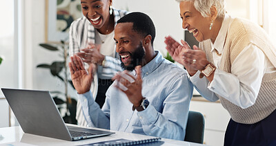 Buy stock photo Celebration, applause and business people with laptop in office for good news, achievement or target. Happy, job promotion and businessman with support from team for goal together in workplace.