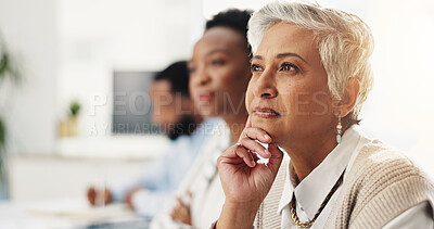 Buy stock photo Meeting, thinking and mature businesswoman in office for training, seminar or workshop. Professional, presentation and financial manager at finance conference for corporate skills in workplace.