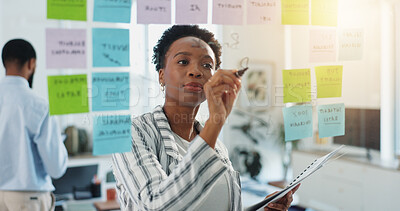 Buy stock photo Business woman, writing or planning with glass board for reminder, project or schedule tasks. Female person, planner or agenda with notes or idea for event, calendar or office delegation in workplace