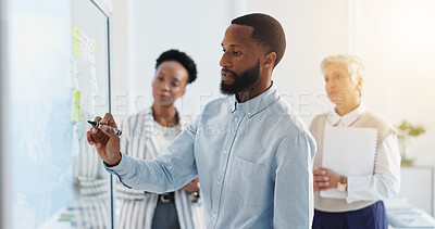 Buy stock photo Businessman, writing and schedule planning with team on glass board for reminder, project or tasks. Man, planner and taking notes with group for agenda, ideas or brainstorming together in workplace