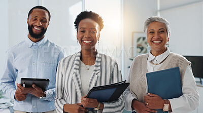 Buy stock photo Happy, portrait and business people in office for collaboration with files, documents and tablet. Smile, technology and financial advisors with finance paperwork with pride for teamwork in workplace.