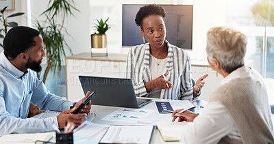 Buy stock photo Documents, laptop and business people in office for meeting, planning and accounting review. Collaboration, teamwork and women with man for brainstorming, proposal graphs and project communication