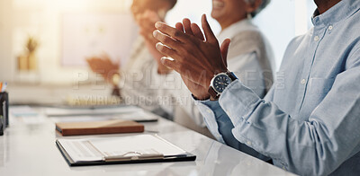 Buy stock photo Clapping hands, business people and group with celebration for success, praise and well done. Team, meeting and applause in office workshop for goal achievement, winner and support for excellence