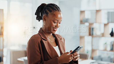 Buy stock photo Office, employee and woman with smartphone, browsing or happy for performance of ad campaign on web. Online, media coordinator and black person with mobile app for digital marketing, tech and project