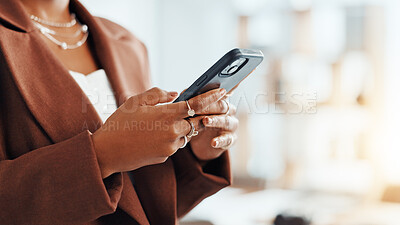 Business, hands and woman in office, cellphone and message to contact, copywriting and email. Closeup, person or journalist in workplace, smartphone or subscription for online magazine or digital app