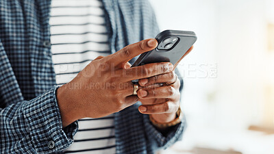 Buy stock photo Business, hands and man in workplace, cellphone and message to contact, copywriting and social media. Closeup, person and journalist with smartphone, app or subscription for online magazine or email