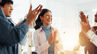 Buy stock photo Applause, smile or business people in office, celebration or good news with achievement. Group, men or women in workplace, clapping or success with support, happiness or collaboration with kpi target