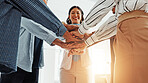 Stack of hands, unity and business people in office with teamwork, support or collaboration. Trust, low angle and group of corporate employees in huddle for solidarity, motivation or meeting.