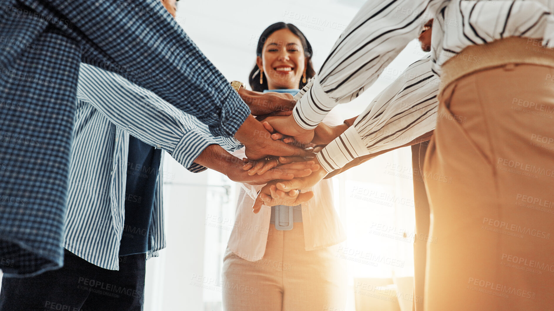 Buy stock photo Stack of hands, unity and business people in office with teamwork, support or collaboration. Trust, low angle and group of corporate employees in huddle for solidarity, motivation or meeting.