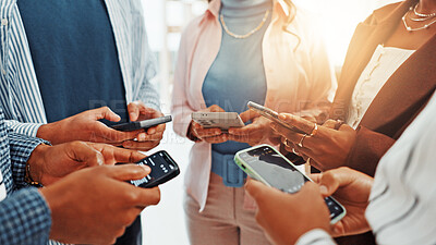 Buy stock photo Business people, phone and hands in circle for networking, social media and sharing information at office. Group of employees, teamwork and mobile smartphone for app, online website or data sync