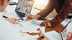 Hands, business people and discussion in meeting with graphs, data analysis and feedback. Teamwork, collaboration and documents for project, research and laptop for chart review with infographic