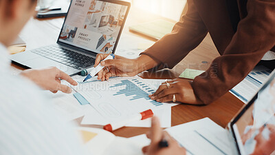 Hands, business people and discussion in meeting with graphs, data analysis and feedback. Teamwork, collaboration and documents for project, research and laptop for chart review with infographic