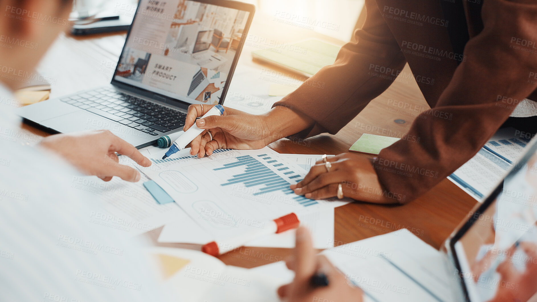 Buy stock photo Hands, business people and discussion in meeting with graphs, data analysis and feedback. Teamwork, collaboration and documents for project, research and laptop for chart review with infographic