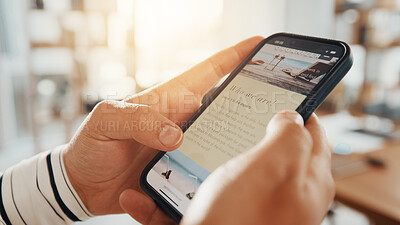 Buy stock photo Person, hands and website with phone screen for vacation organizer, holiday or trip. Closeup, customer and scrolling in office with smartphone for online booking, coupon or travel article review