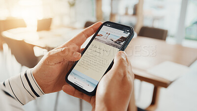 Buy stock photo Person, hands and website with phone screen for holiday organizer, vacation or trip. Closeup, customer and scrolling in office with smartphone for online booking, coupon or travel article review
