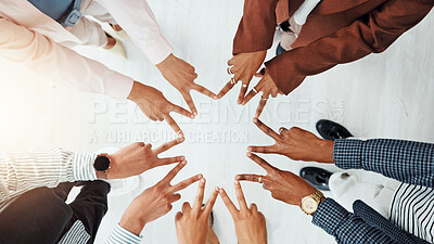 Buy stock photo Business people, meeting and top view of star with hands, collaboration or team building. Above, community or group of employees with fingers in office for synergy, strategy or solidarity together