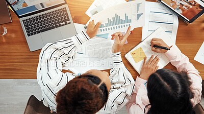 Buy stock photo Teamwork, planning and documents with business people in office for meeting, account graph or research. Budget report, project performance and paperwork with above of women for review and feedback
