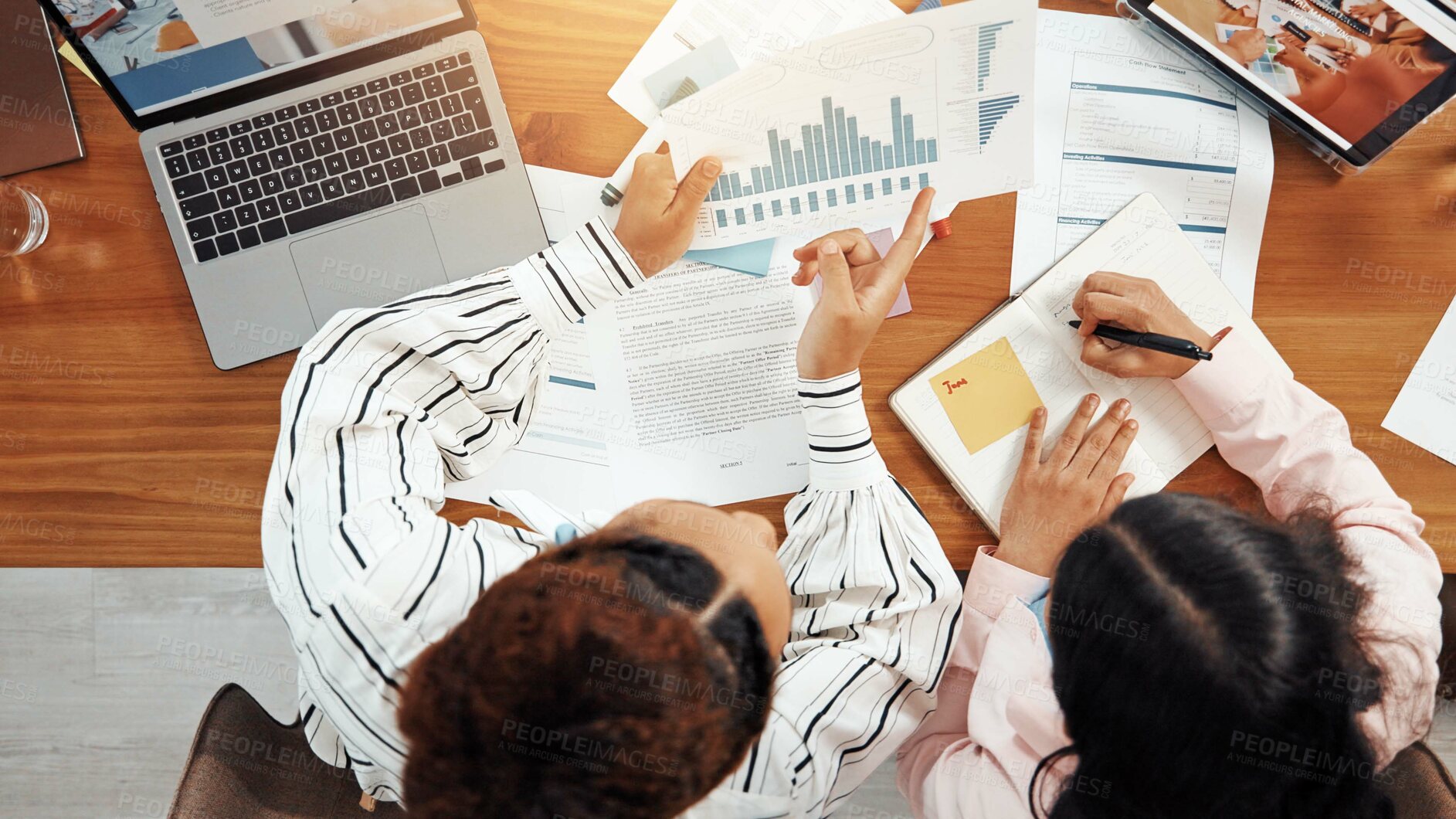 Buy stock photo Teamwork, planning and documents with business people in office for meeting, account graph or research. Budget report, project performance and paperwork with above of women for review and feedback